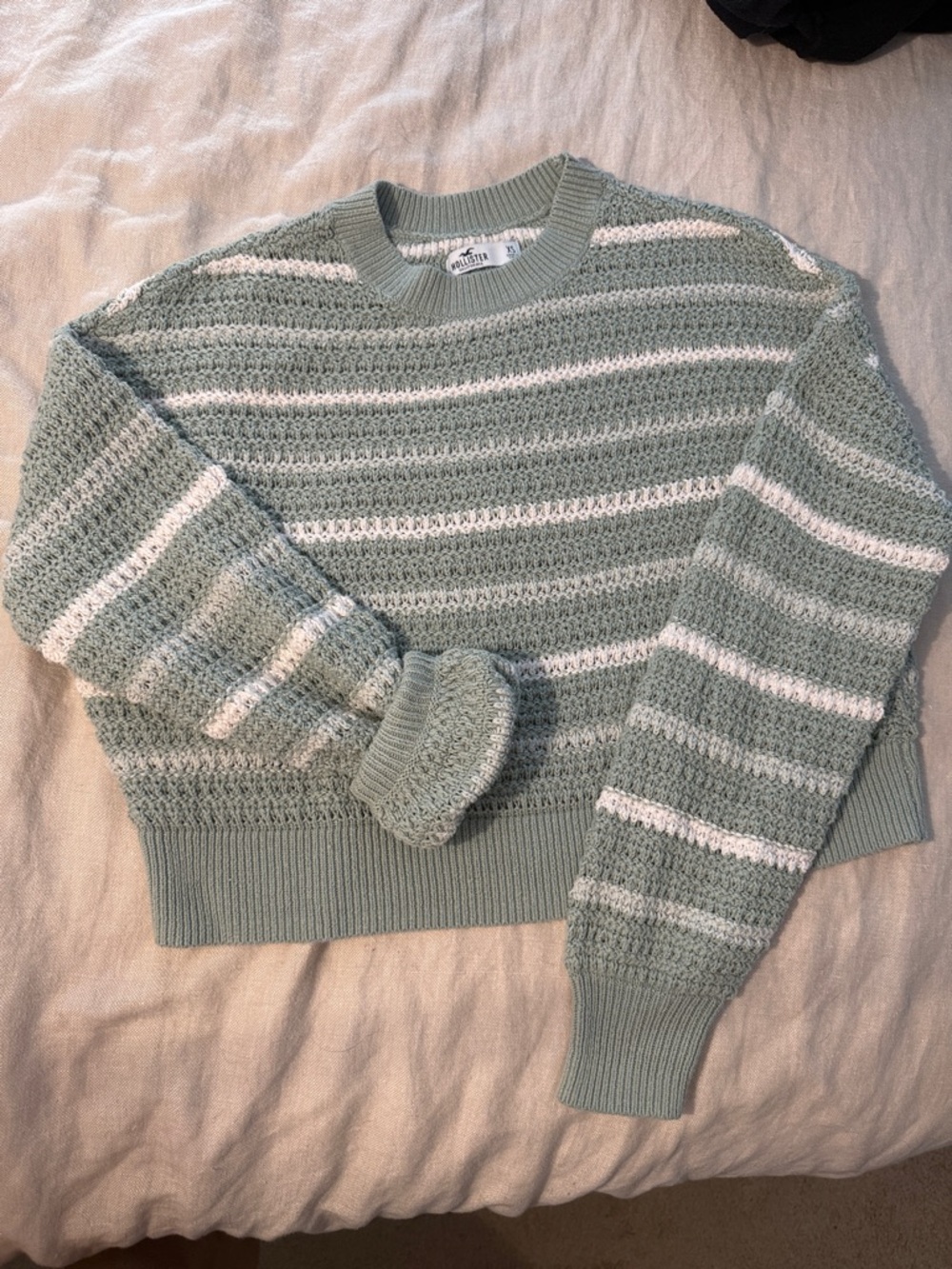 Hollister Sage Green and White Striped Crochet Crewneck Sweater (cropped)